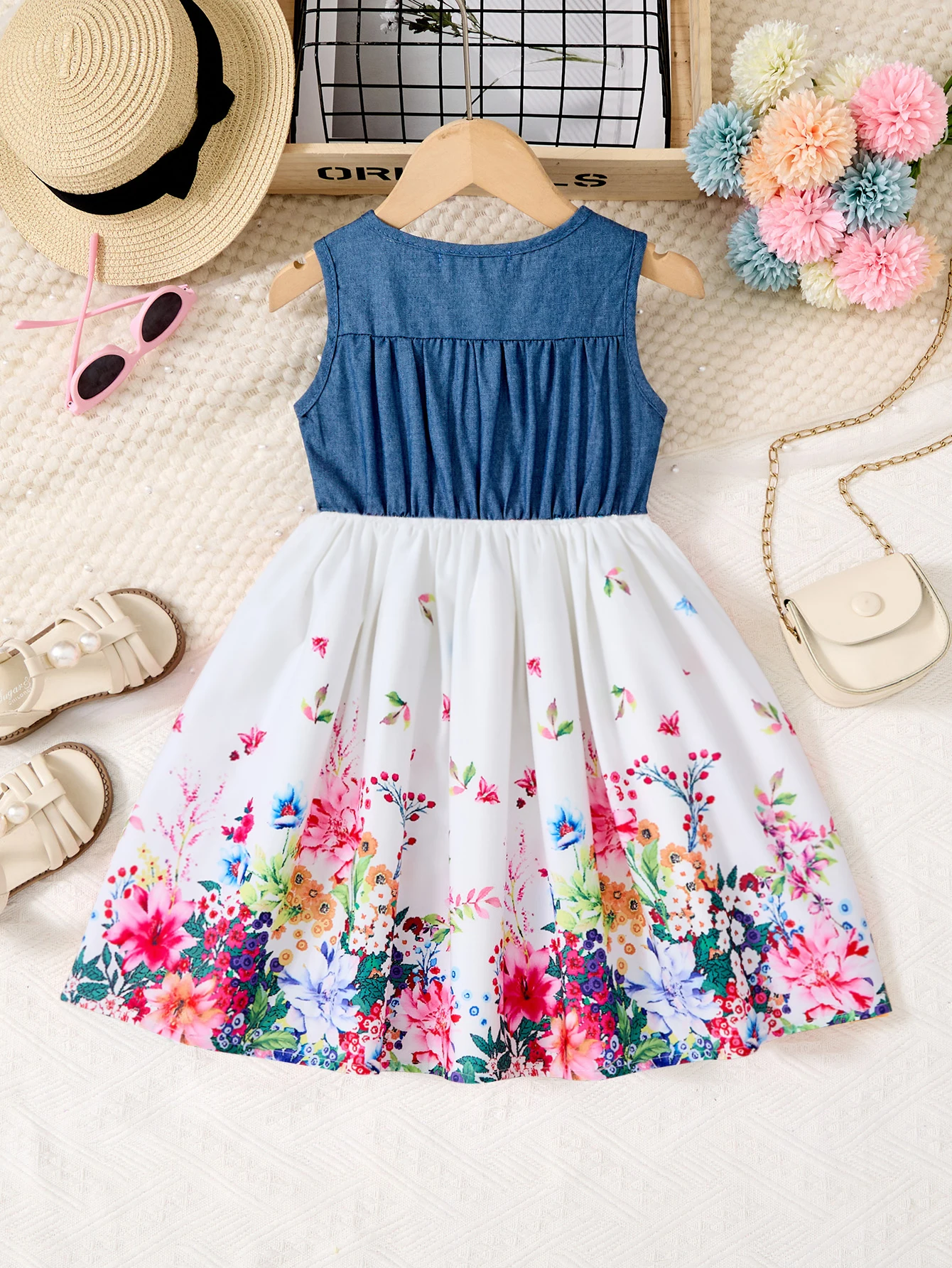 Girls Denim Print Casual Dress with Button Floral Cute Sleeveless knee-length skirt Princess Dress Formal Children's Clothing - Image 3
