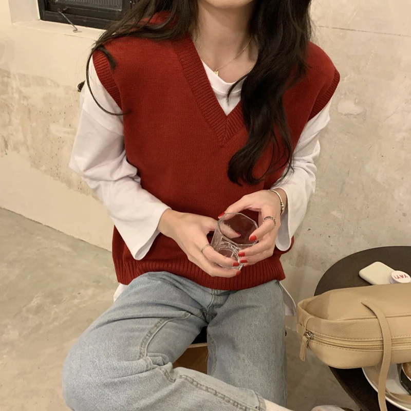 Basic Gray Sweater Vest Women College Style Korean Sleeveless Knitted Vest Spring Autumn Solid Color Casual V-Neck Waistcoat - Image 5