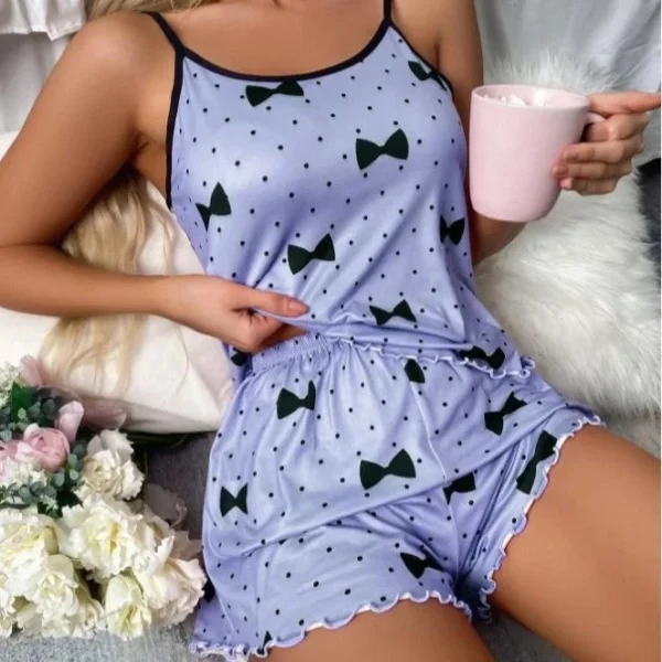 Summer Ladies Sleepwear Set Pink Heart Print round Neck Strap Top Ice Silk Comfortable Short Pants Sexy Sleepwear for Women - Image 6