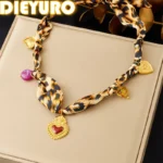 DIEYURO 316L Stainless Steel Red Dripping oil Heart Pearl Pendant Leopard Ribbon Necklace Lady New Fashion Neck Chain Jewelry
