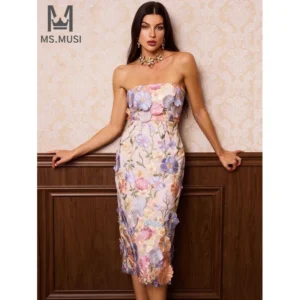 MSMUSI 2025 New Fashion Women Sexy Strapless Floral Lace Mesh Sleeveless Backless Bodycon Party Club Event Midi Dress Vestidos