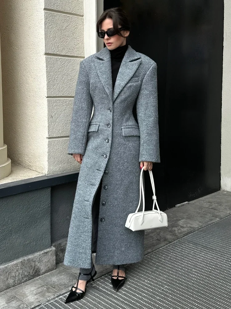 Fashion Waist Cinching Woolen Long Coats For Women Lapel Long Sleeve Single-breasted Shoulder Pad Coat New Lady Commuter Outwear - Image 2