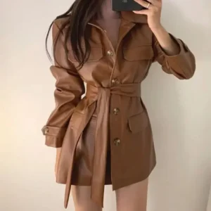Korean version waist cinching slimming mid length handsome motorcycle leather jacket women's autumn and winter long sleeved top