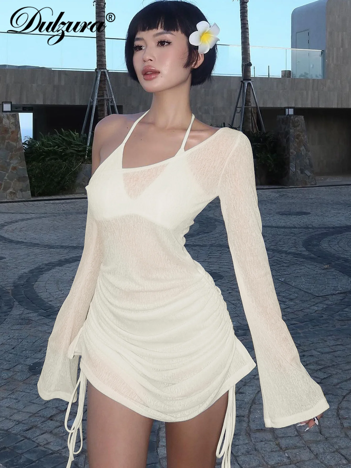 Dulzura Solid Skew Collar Ruched Straps Lace-Up See Through Draw String Mini Dress 2023 Summer Women Party Clubwear Wholesale - Image 4