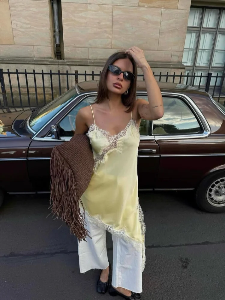 Women's Solid Lace Patchwork Irregular Sling Dress Sexy Sleeveless High Waist Mini Gown Chic 2025 Summer Holiday Party Club Robe - Image 5