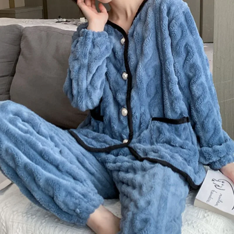 Coral Fleece Women's Spring Autumn New Mid-Thick Plush Flannel Homewear Set - Image 4