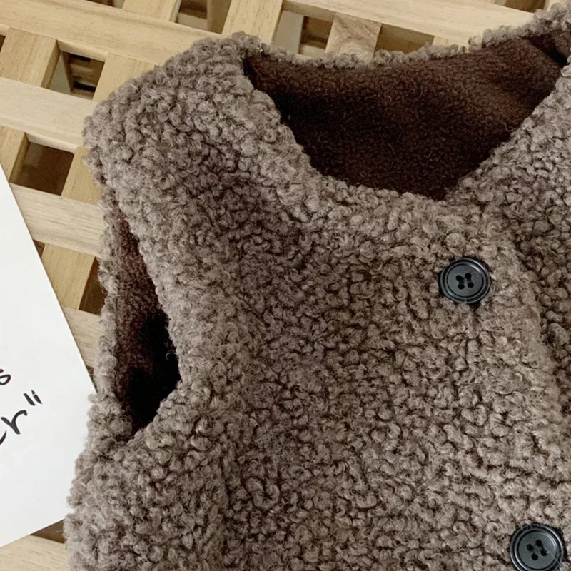 Autumn Winter Baby Lamb Wool Plus Velvet Waistcoat Girls Boys Plush Vest Single Breasted V Neck Child Warm Fashion Warm Coat - Image 5
