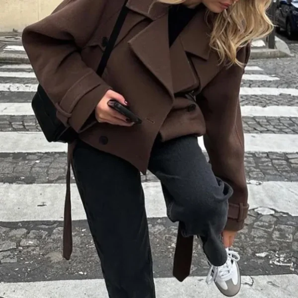 European and American women's clothing big lapel woolen sweater fashion short belt coat jacket - Image 4