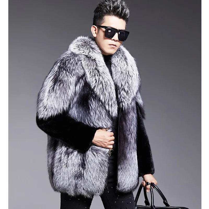 S-6XL Size Fashion Men Jacket Thick Windproof Imitation Mink Fur Outerwear Male Winter Coat Super Warm Casual Long Parkas Silver - Image 4