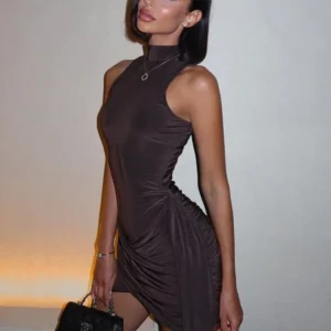 Mozision Turtleneck Sleeveless Sexy Mini Dress For Women Fashion Irregular Ruched Tank Dress Femme Elegant Club Party Dress
