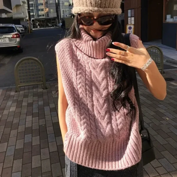 New Turtleneck Sleeveless Knitted Sweater Vest Women 2025 Autumn/Winter Casual Knitted Top Women Loose Tank Tops Loose Versatile - Image 4