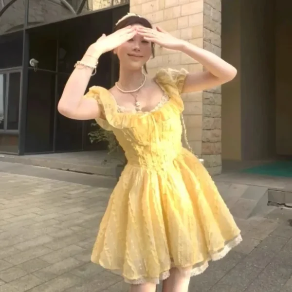 Summer 2025 French Sweet Soft Yellow Square Collar Bubble Sleeve Dress Women's Waist Inward Slimming Fluffy Skirt Dress - Image 3