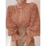 Fashion Women Lace Shirt Elegant Stand Collar Petal Sleeve Blusas Hollow Out All-match Women Office Lace Blouse Flower Femme Top