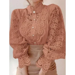 Fashion Women Lace Shirt Elegant Stand Collar Petal Sleeve Blusas Hollow Out All-match Women Office Lace Blouse Flower Femme Top