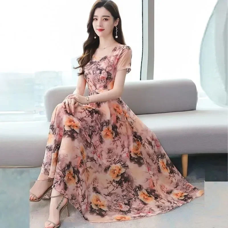 Fashionable V-neck Ice Silk Printed Dress Slimming Knee-length Ultra-long Korean Style Spring Summer New Arrival Dress - Image 5