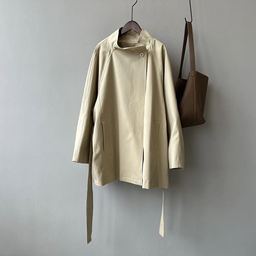 2025 Women Autumn Khaki Trench Coat Stand Collar Women Loose Style Coat With Belt Casaco Feminino New Trench Femme - Image 2