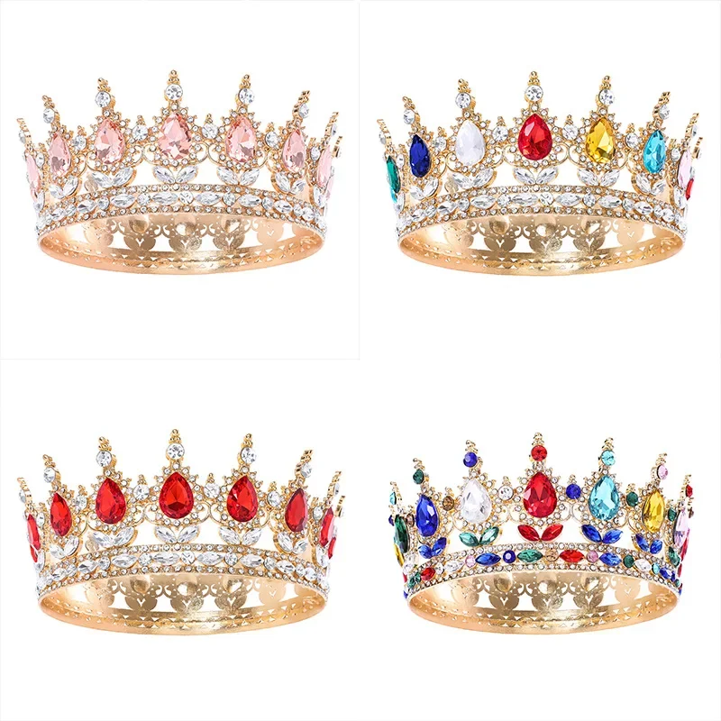 Elegant Queen round Crown Headwear Bridal Baroque Colorful Rhinestone Hair Accessory Noble Atmosphere Whole Circle Crown