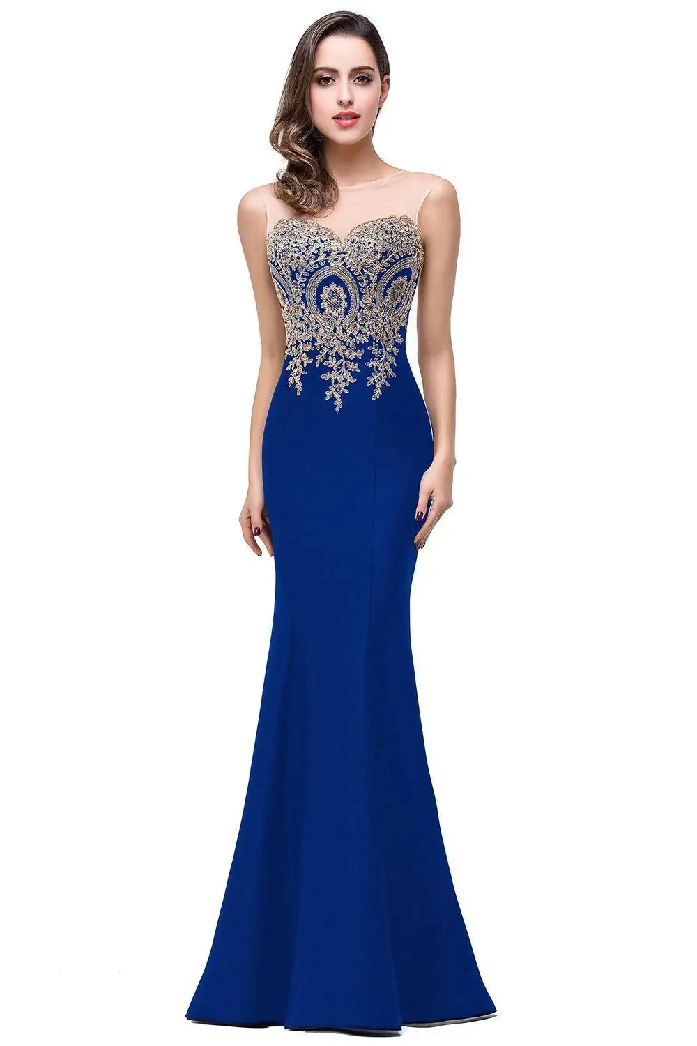 Elegant Mermaid Evening Dress Women Golden Appliques Lace Royal Blue Sweetheart Illusion Wedding Party Prom Gowns Robe de Soiree - Image 5