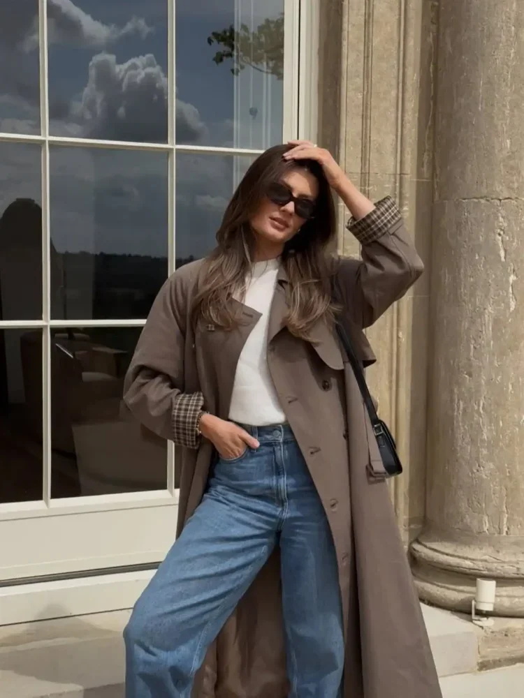 2025 Women Lapel Long Trench Coat Elegant Solid Single Breasted Pocket Loose Windbreaker Autumn Daily Commute Office Outerwears - Image 5