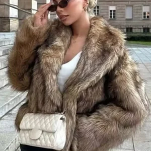 Women Casual Long Sleeved Fur Coat V-neck Loose Short Jackets 2025 Winter Lady Fashion New Style Daily Highstreet Outerwears