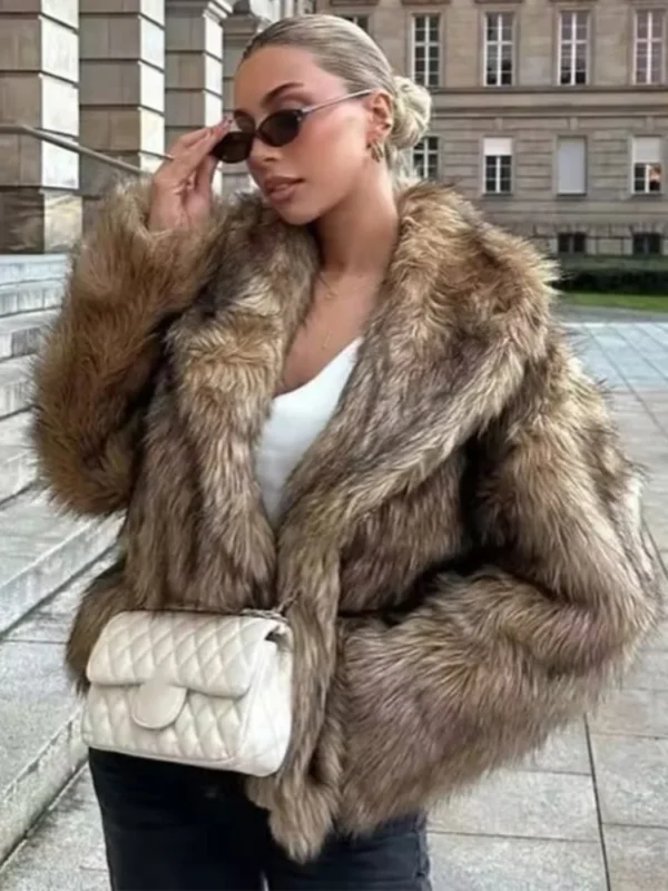 Women Casual Long Sleeved Fur Coat V-neck Loose Short Jackets 2025 Winter Lady Fashion New Style Daily Highstreet Outerwears