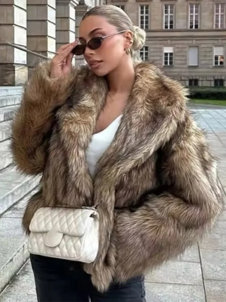 Women Casual Long Sleeved Fur Coat V-neck Loose Short Jackets 2025 Winter Lady Fashion New Style Daily Highstreet Outerwears