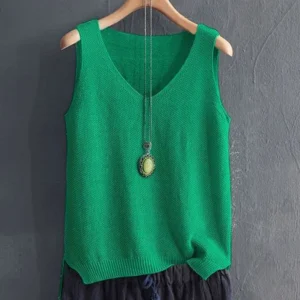 Fashion V Neck Sleeveless Loose Women Knitted Sweater Vest Casual Solid Color Simple Tops Pullover Autumn Winter Basic Jumper