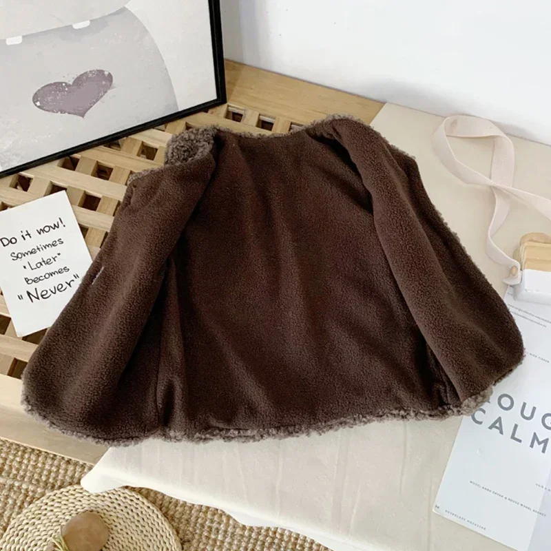 Autumn Winter Baby Lamb Wool Plus Velvet Waistcoat Girls Boys Plush Vest Single Breasted V Neck Child Warm Fashion Warm Coat - Image 3