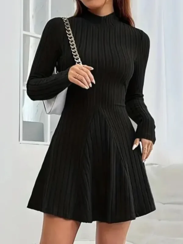 2025 New Fashion Dress Elegant Women Simple Slim Short Dress Solid Striped Long Sleeve Dress Round Neck Commute Street Dress - Image 4