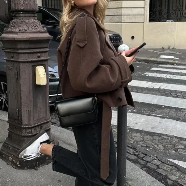 European and American women's clothing big lapel woolen sweater fashion short belt coat jacket - Image 3