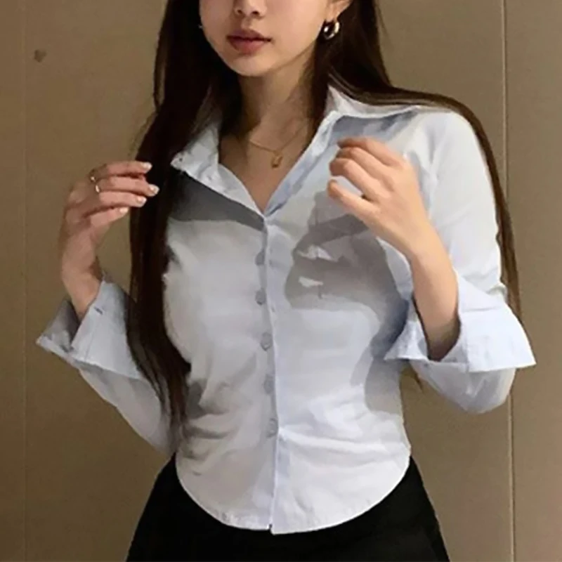 Korean White Office Women Chiffon Shirt Pocket Button Lapel Ladies Blouse Spring Commuter Long Sleeve New Female Crop Tops - Image 5
