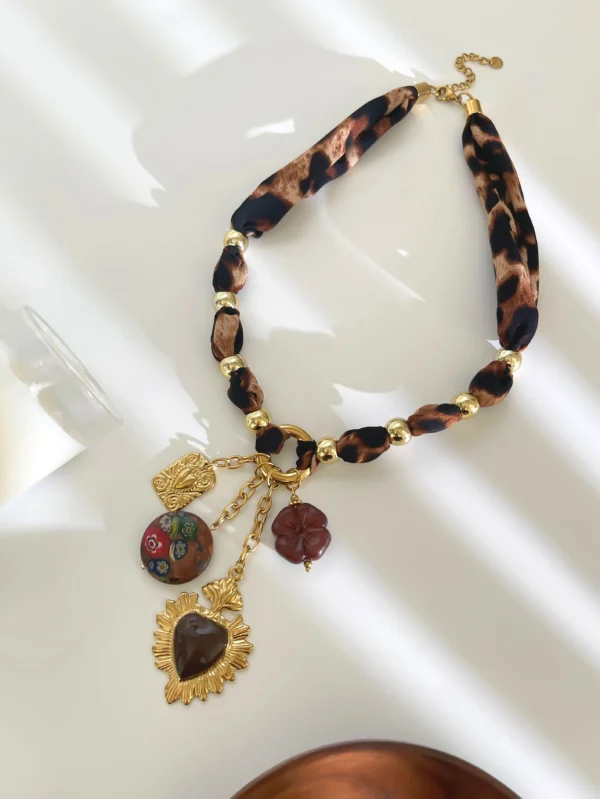 GHIDBK Stainless Steel Enamel Heart Resin Flower Geometric Pendant Necklace for Women Vintage Leopard Print Rope Chain Jewelry - Image 6