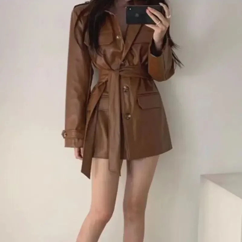 Korean version waist cinching slimming mid length handsome motorcycle leather jacket women's autumn and winter long sleeved top - Image 3
