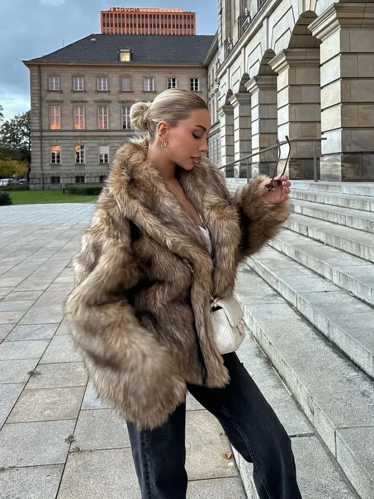 Women Casual Long Sleeved Fur Coat V-neck Loose Short Jackets 2025 Winter Lady Fashion New Style Daily Highstreet Outerwears - Image 3