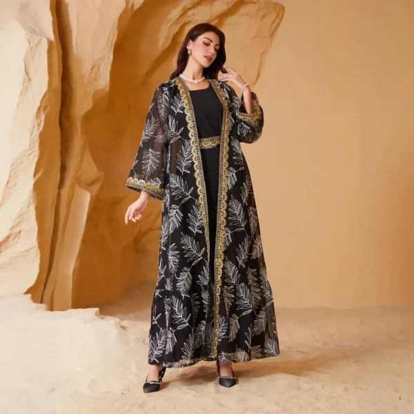 Elegant Muslim Two-Piece Set Gold Embroidered Mesh Patchwork Dubai Summer Fashion Women's Top Quality Material from China - Image 4