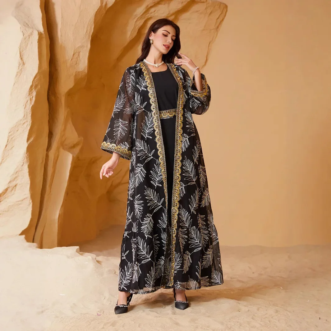 Elegant Muslim Two-Piece Set Gold Embroidered Mesh Patchwork Dubai Summer Fashion Women's Top Quality Material from China - Image 4
