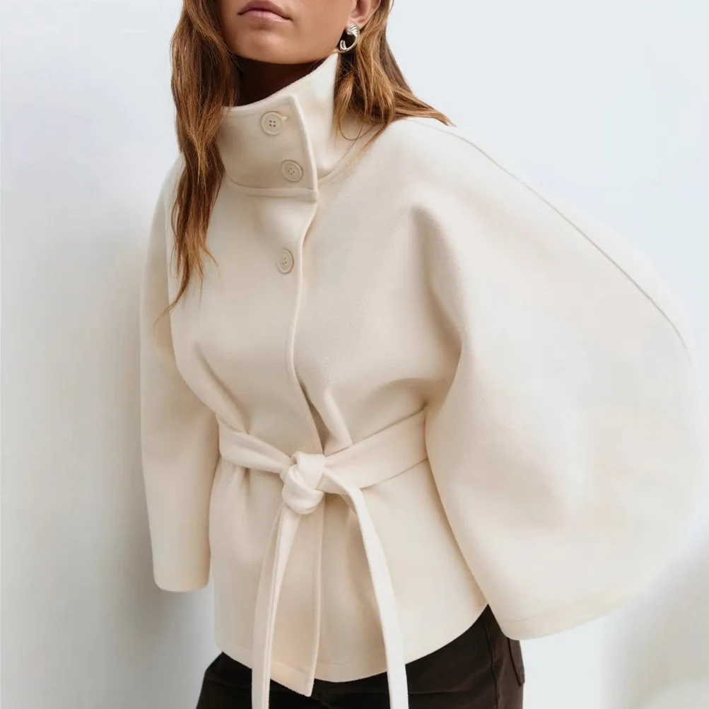 Trench Women Coats Stand Collar Cape Coat Zipper Button Lace Up Loose Jackets Y2k Streetwear Elegant Lady Jacket Autumn - Image 3