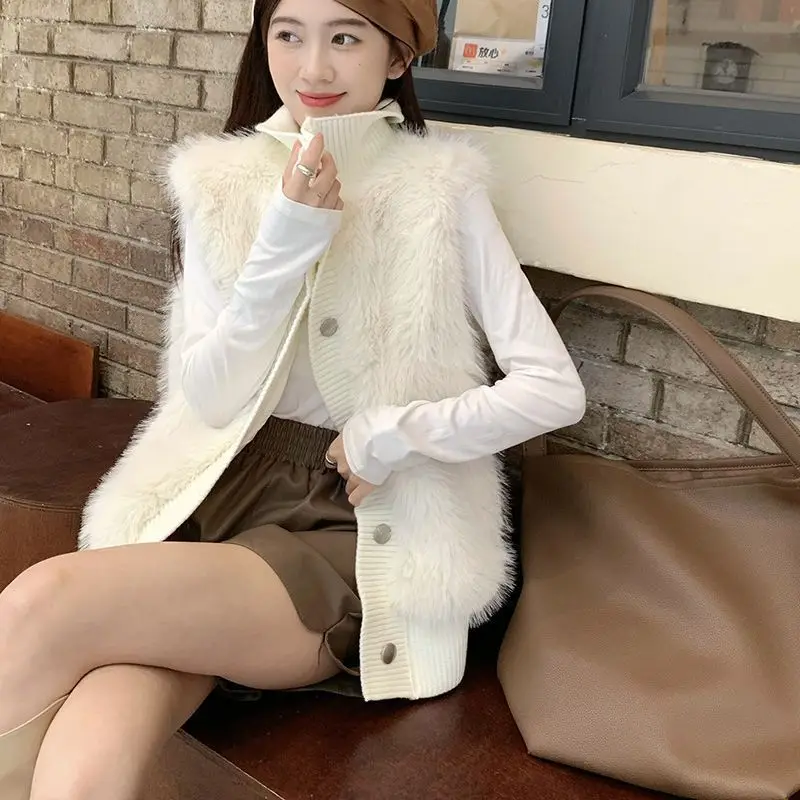 Women Faux Mink Fur Vest Coat Knitted Spliced Vests Solid Stand Collar Single Breasted Straight Thick ElegantCasual 2025 Winter - Image 3