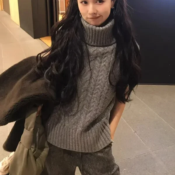 New Turtleneck Sleeveless Knitted Sweater Vest Women 2025 Autumn/Winter Casual Knitted Top Women Loose Tank Tops Loose Versatile - Image 3