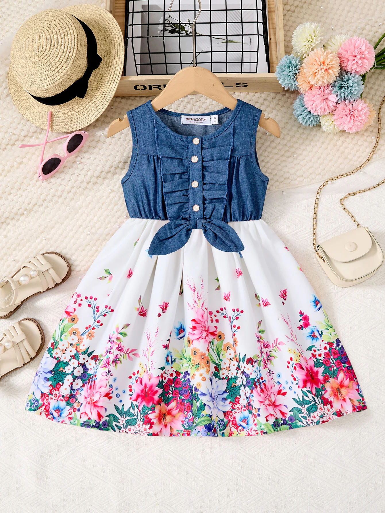 Girls Denim Print Casual Dress with Button Floral Cute Sleeveless knee-length skirt Princess Dress Formal Children's Clothing - Image 2