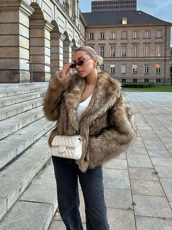 Retro Brown Grass Fur Coat Women Fashion V-neck Loose Short Pleated Overcoats 2025 Autumn Winter New Daily High Street Jackets - Image 5