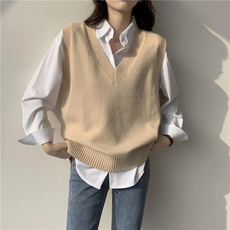 Basic Gray Sweater Vest Women College Style Korean Sleeveless Knitted Vest Spring Autumn Solid Color Casual V-Neck Waistcoat - Image 2