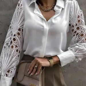 Women's Blouse White blank Elegant V-neck Lace Sleeve Cut-out Patchwork Office Commuter Black Shirt For Female