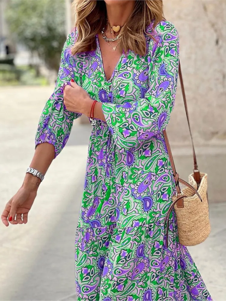Women's Autumn New Fashionable Printed Sexy V-neck Long Sleeve High Waist Elastic Waist Medium Length Bohemian Dress - Image 5