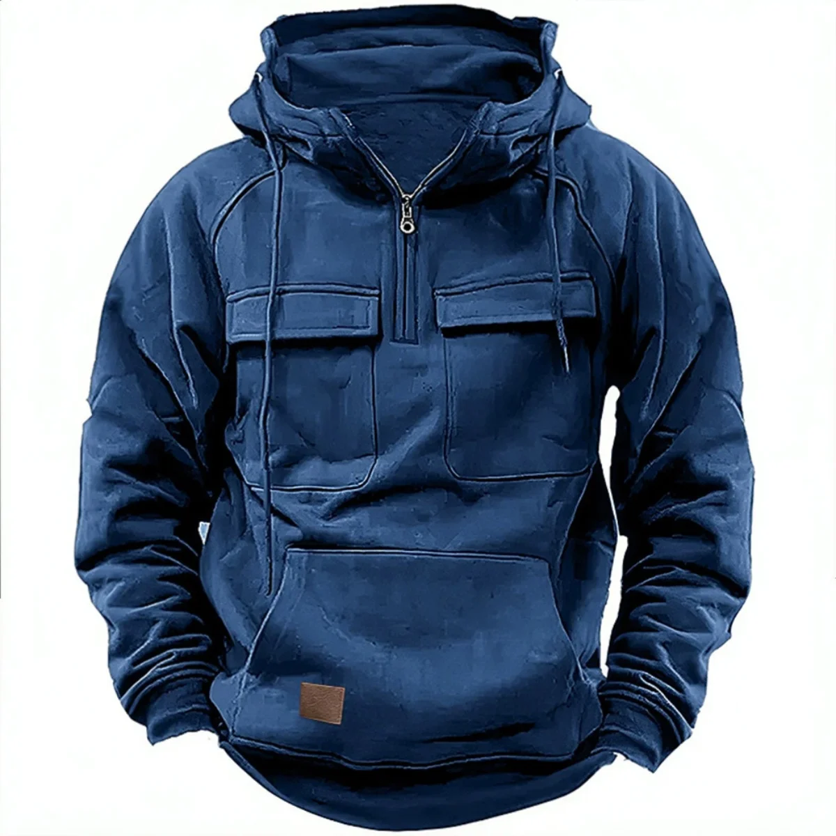 New autumn-winter men's hooded solid-color casual hoodie - fashionable young man's multi-pocket patch hoodie pullover shirt - Image 4