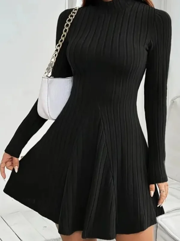 2025 New Fashion Dress Elegant Women Simple Slim Short Dress Solid Striped Long Sleeve Dress Round Neck Commute Street Dress - Image 2