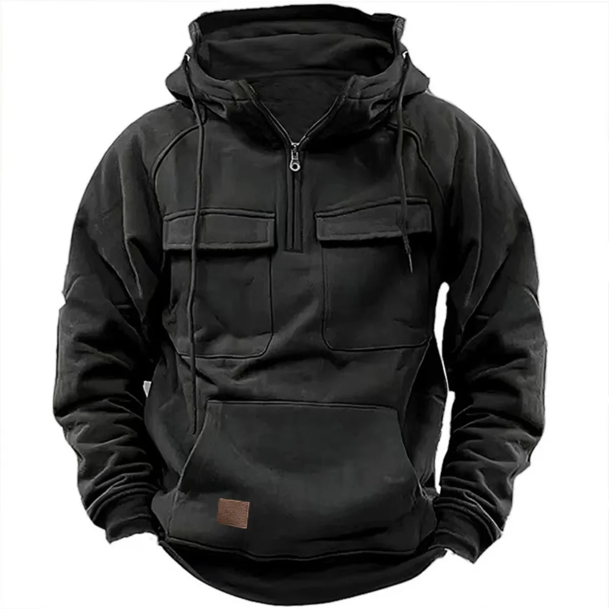 New autumn-winter men's hooded solid-color casual hoodie - fashionable young man's multi-pocket patch hoodie pullover shirt - Image 2