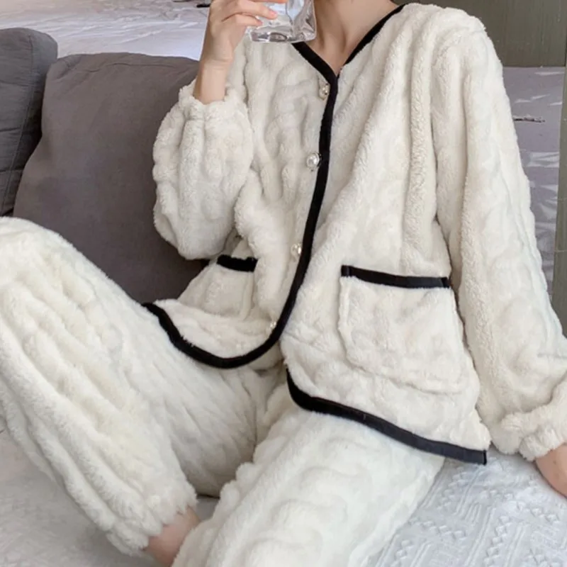 Coral Fleece Women's Spring Autumn New Mid-Thick Plush Flannel Homewear Set - Image 2