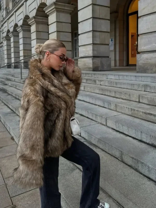 Women Casual Long Sleeved Fur Coat V-neck Loose Short Jackets 2025 Winter Lady Fashion New Style Daily Highstreet Outerwears - Image 6