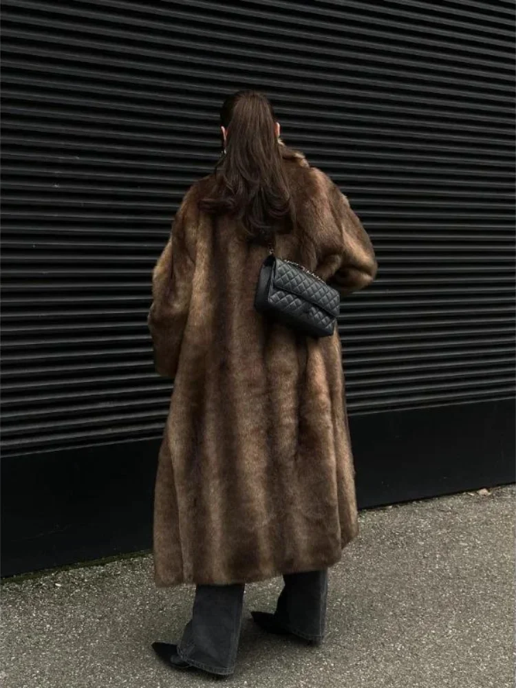 Fashion Mixed Color Lapel Collar Woman Long Coat Elegant Full Sleeve Loose Overcoat New Winter Lady High Street Faux Fur Jacket - Image 3